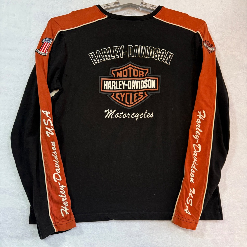 Vintage Harley-Davidson Women's Long Sleeve V-Neck Shirt Black/Orange Size XL